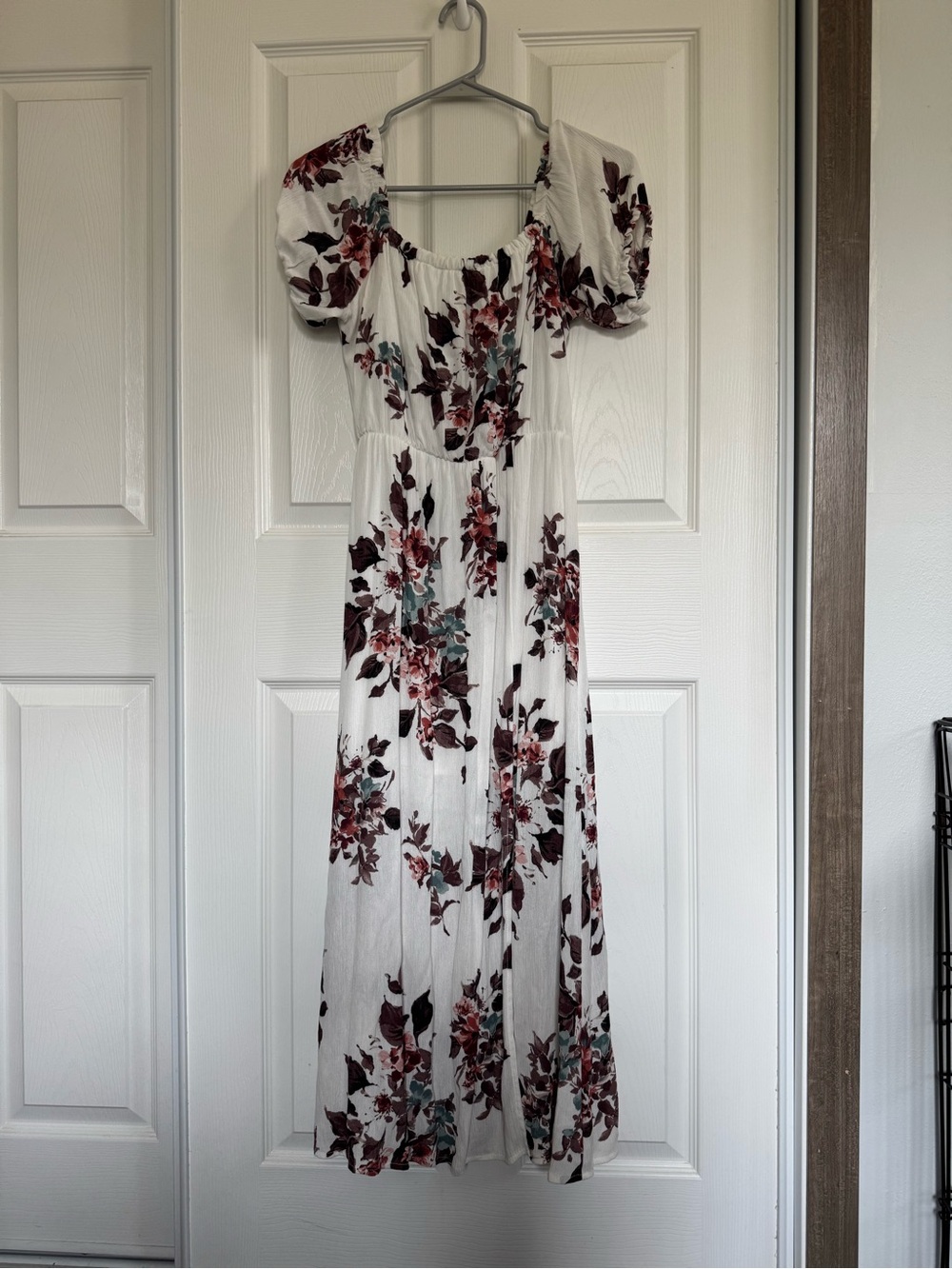 Vanilla Bay White Floral Midi Dress with Burgundy & Teal Accents